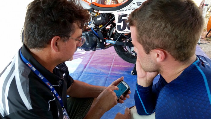 Lap times are also available using an AMA Pro mobile app/ Here Steve and Jake study lap times and develop strategies for upcoming races.